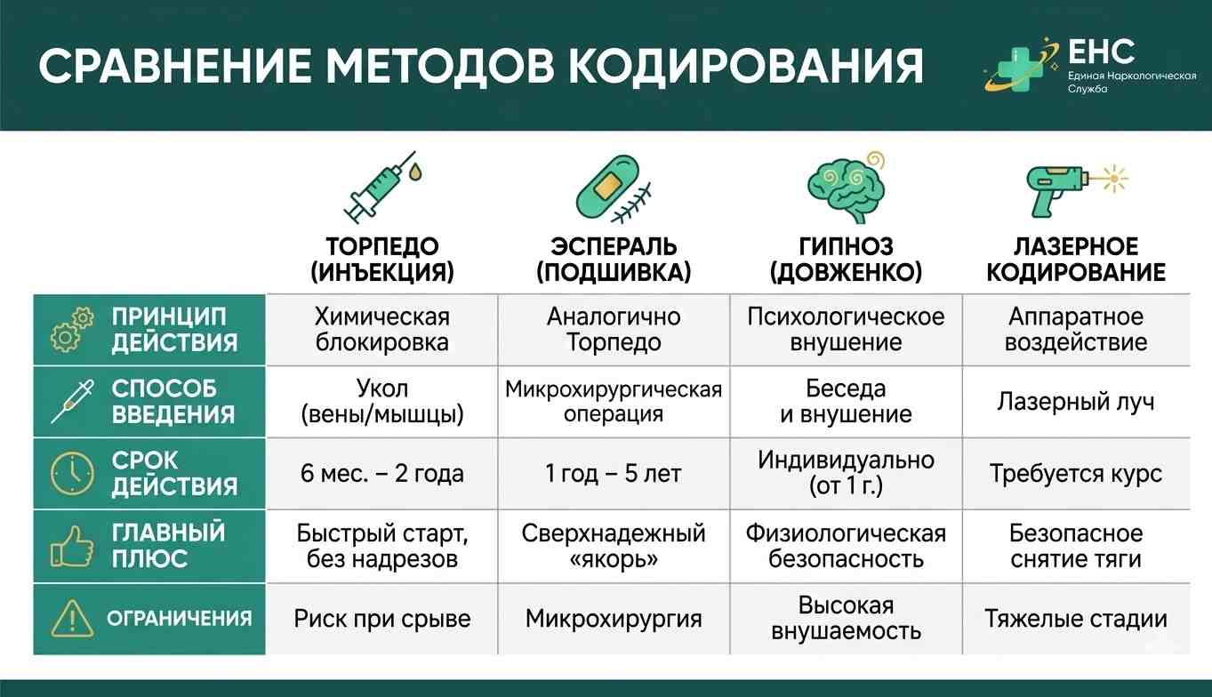 Инографика сравнения разных видов кодирования от алкоголизма от клиники ЕНС