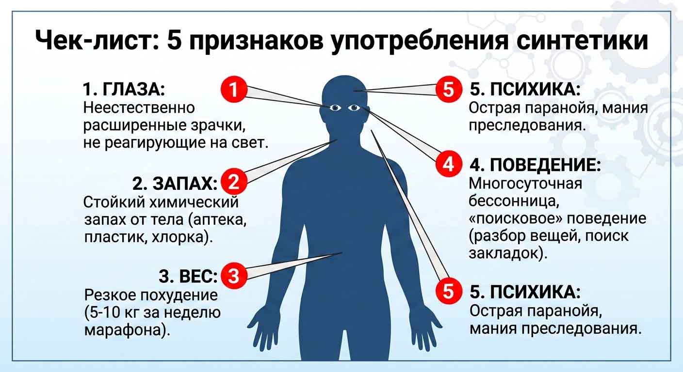 Схема пяти признаков употребления человеком наркотиков синтетического происхождения