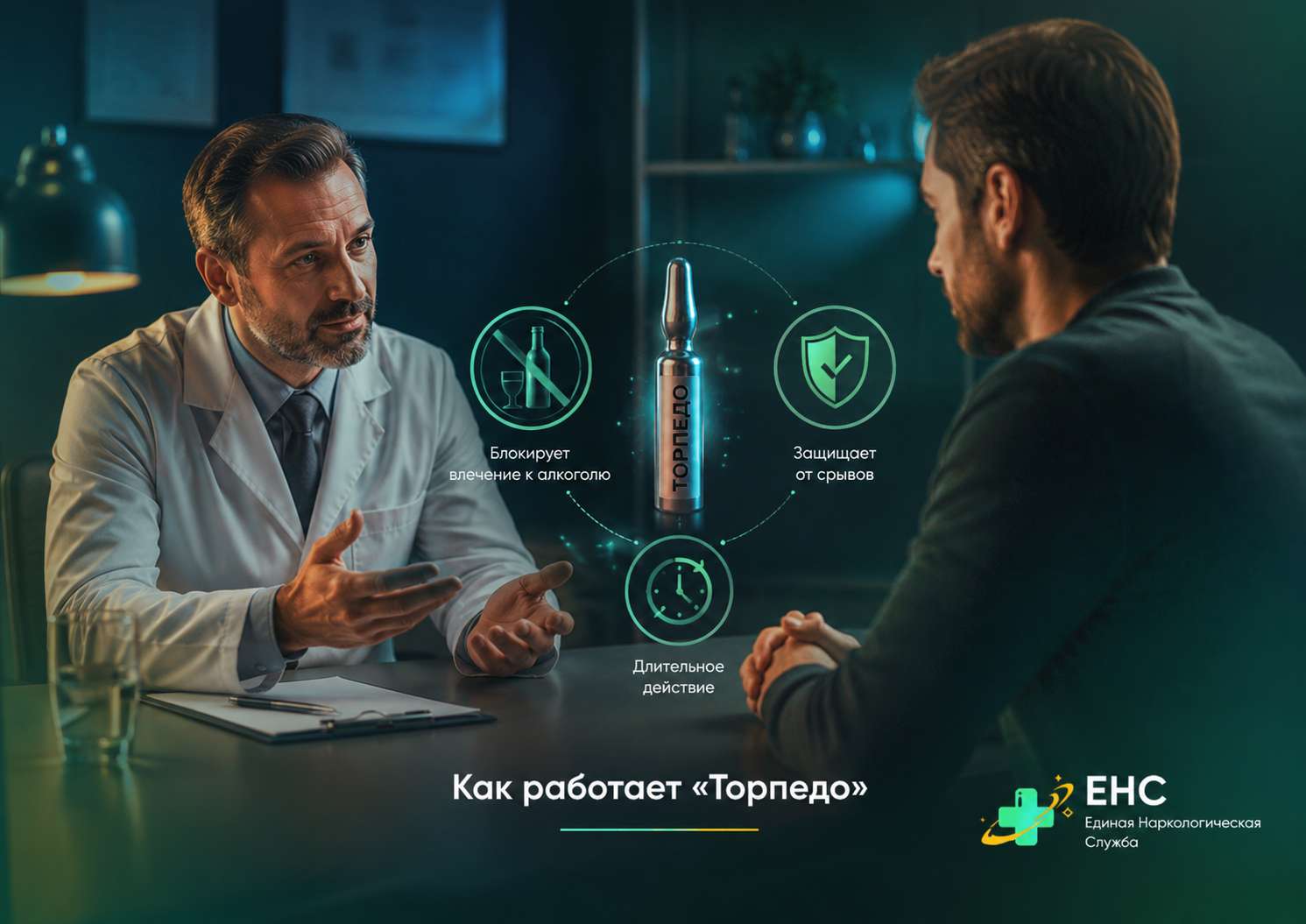 Врач нарколог объясняет пациенту, как работает кодирование Торпедо при алкогольной зависимости