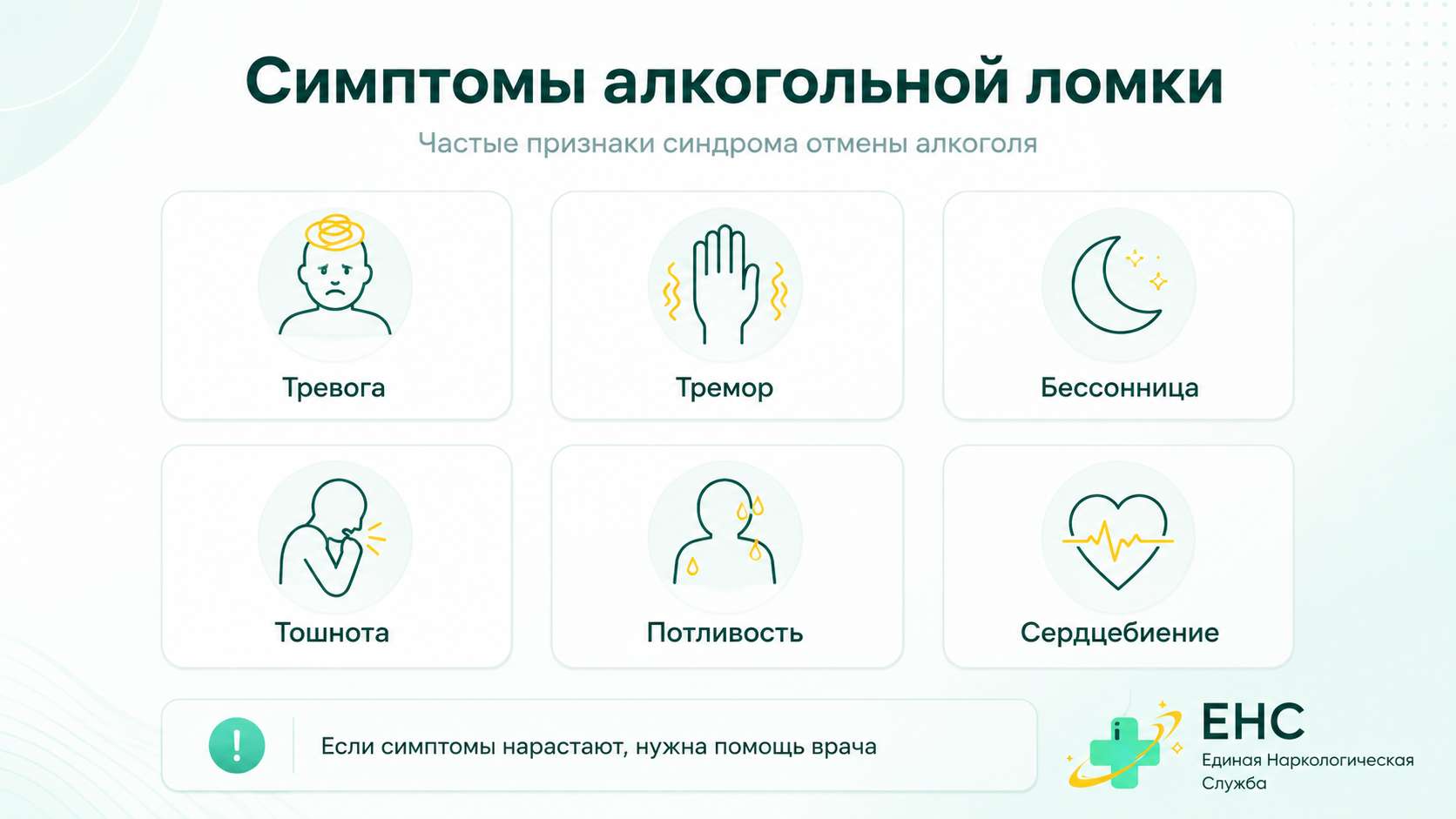 Симптомы алкогольной ломки: тревога, тремор, бессонница, тошнота, потливость и сердцебиение