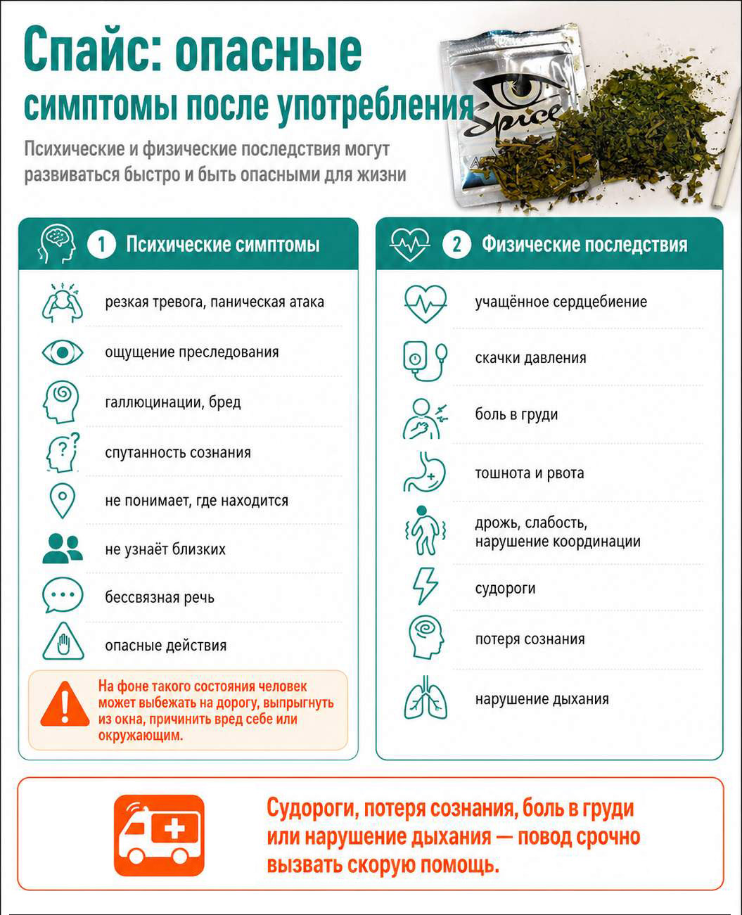 Инфографика о психических и физических симптомах после употребления спайса: тревога, галлюцинации, судороги, потеря сознания и нарушение дыхания