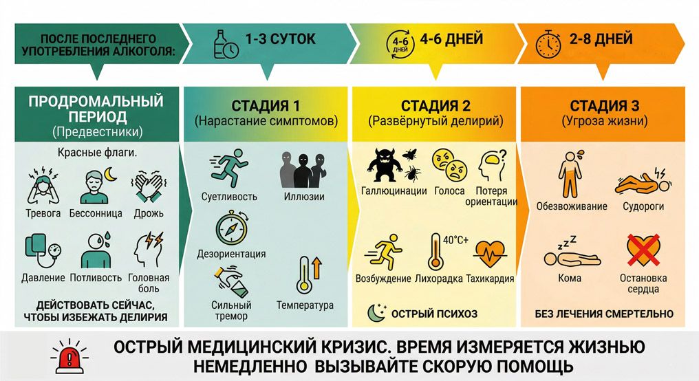 Показаны продромальный период и три стадии острого психоза с перечислением ключевых симптомов